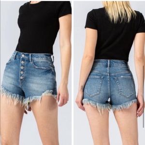 Button Fly Frayed Denim Shorts